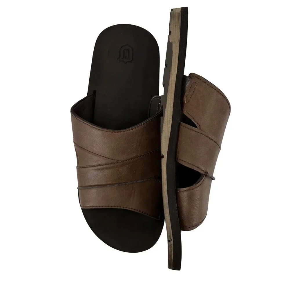 Mens Brown Leather Slide Sandals Size 12 With Rubber Soles